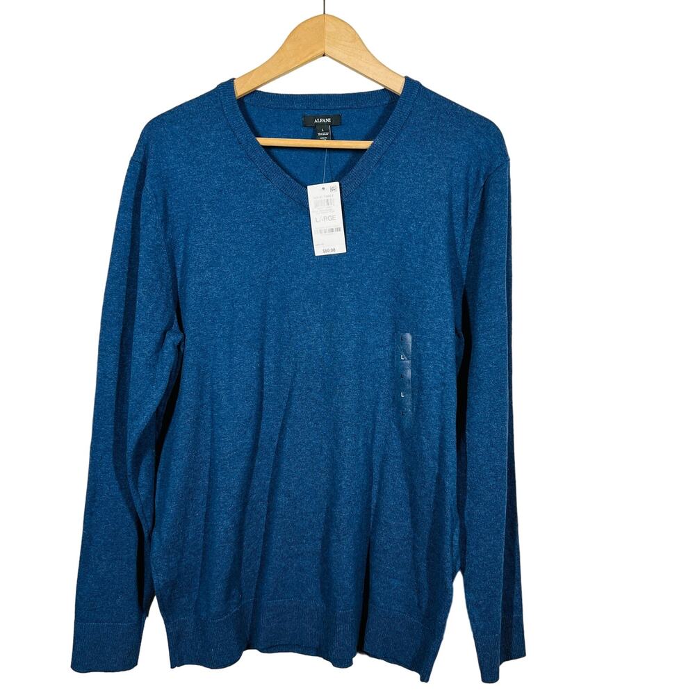 NEW! Alfani Light Knit V Neck Sweater Heather Blue Long Sleeve Casual Knit - L